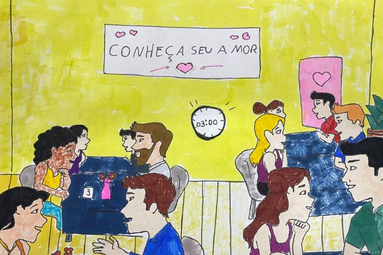 Eventos de namoro rápido em bar promovem conexões reais entre solteiros | Ilustração David Lucas, jovem artista autista da equipe de Conteúdo da Abrasel