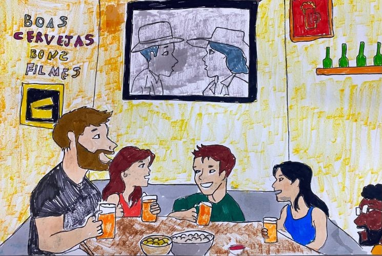 Ilustração de um bar com mostra de filmes feita por David Lucas, jovem artista autista da equipe de Conteúdo da Abrasel