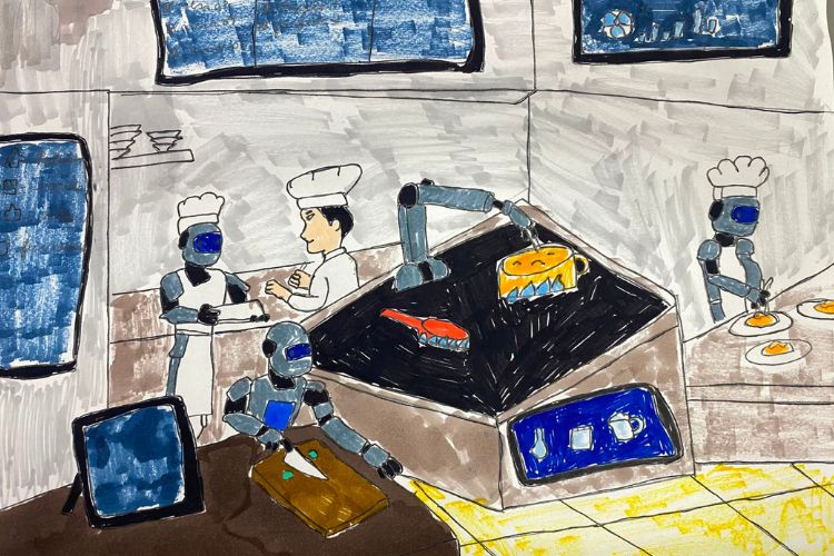 No Restaurante do Futuro, equipamentos automatizados já assumem tarefas da produção e ajudam no ganho de eficiência sem substituir a atuação dos profissionais | Ilustração: David Lucas / Abrasel