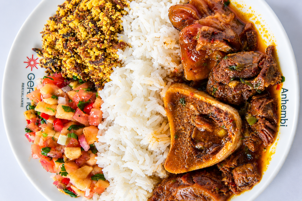 Receita reúne chambari com mocotó, arroz branco na banha de porco, farofa de carne de sol e vinagrete de banana-da-terra | Foto: divulgação