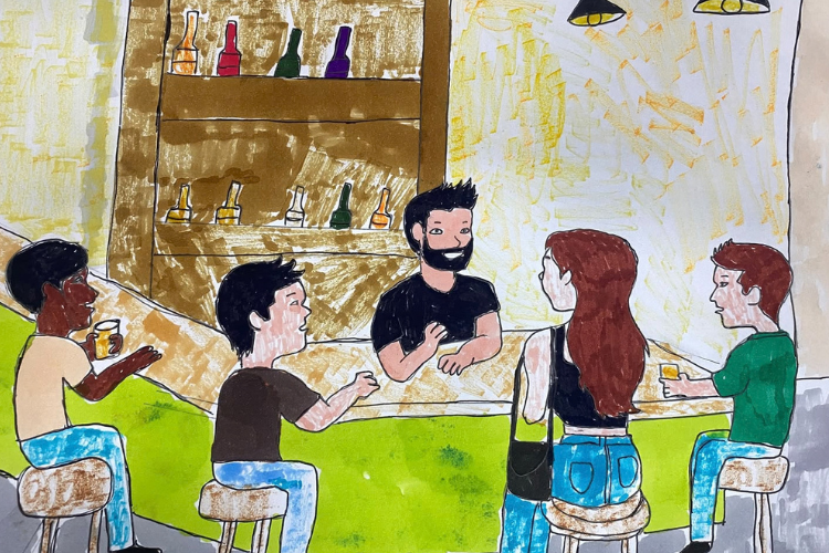 Estar sozinho também pode fazer parte da rotina de consumo em bares e restaurantes | Ilustração de David Lucas, jovem artista autista da equipe de Conteúdo da Abrasel
